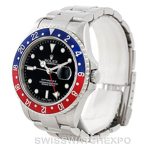 This image shows a Rolex GMT-Master 16710 Men's Stainless Steel Black Dial 16710 Men's Stainless Steel Black Dial II watch at a three-quarter angle, highlighting the bezel, face, crown, and bracelet.