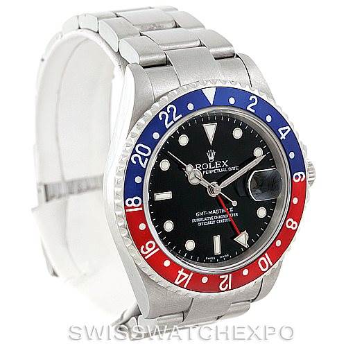 The image shows a frontal view of a Rolex GMT-Master 16710 Men's Stainless Steel Black Dial 16710 Men's Stainless Steel Black Dial watch, highlighting the bezel, dial, and part of the bracelet.
