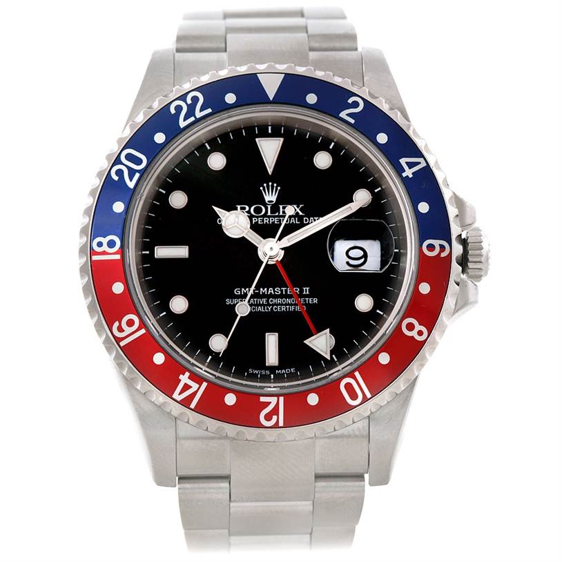 This image shows a front view of a Rolex GMT-Master 16710 Men's Stainless Steel Black Dial 16710 Men's Stainless Steel Black Dial II watch, highlighting its bezel and face.