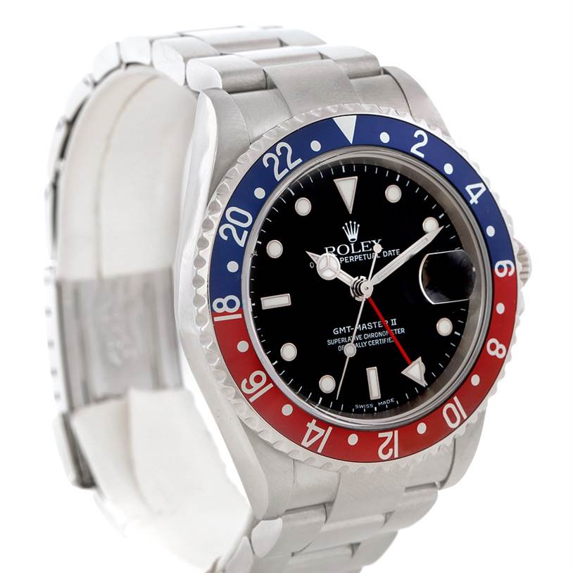 The image shows a front and slight side view of a Rolex GMT-Master 16710 Men's Stainless Steel Black Dial 16710 Men's Stainless Steel Black Dial watch, highlighting the bezel, dial, and bracelet.