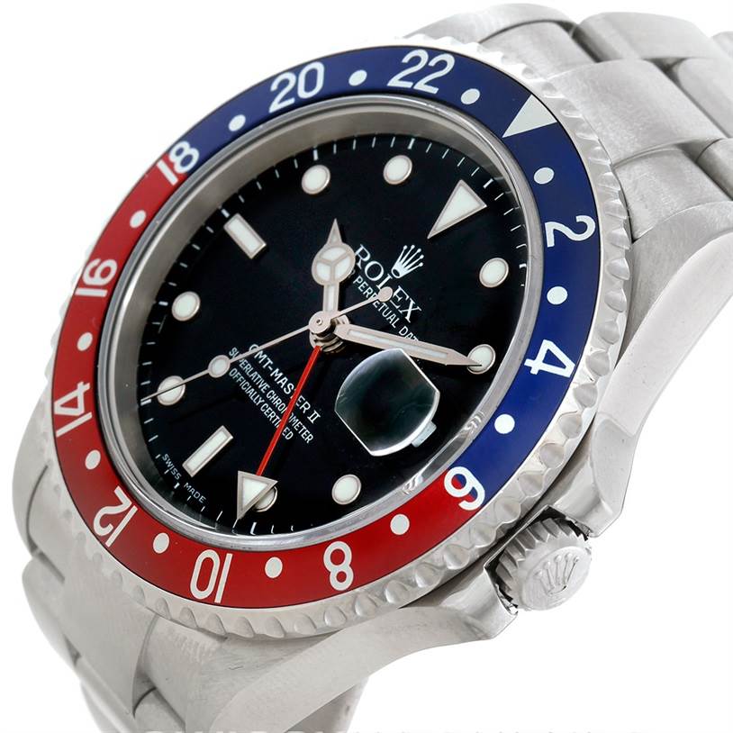 The image shows a close-up angle of the Rolex GMT-Master 16710 Men's Stainless Steel Black Dial 16710 Men's Stainless Steel Black Dial II watch, focusing on the bezel and dial.