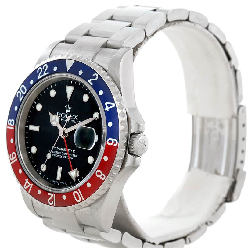 This image shows a Rolex GMT-Master 16710 Men's Stainless Steel Black Dial 16710 Men's Stainless Steel Black Dial watch from a three-quarter front angle, highlighting the bezel, dial, case, and bracelet.