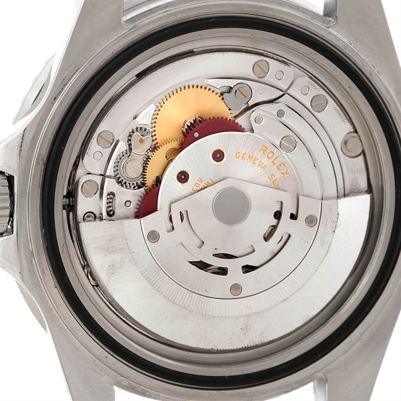 This image shows the internal mechanism of a Rolex GMT-Master 16710 Men's Stainless Steel Black Dial 16710 Men's Stainless Steel Black Dial watch from a back angle with the case removed.