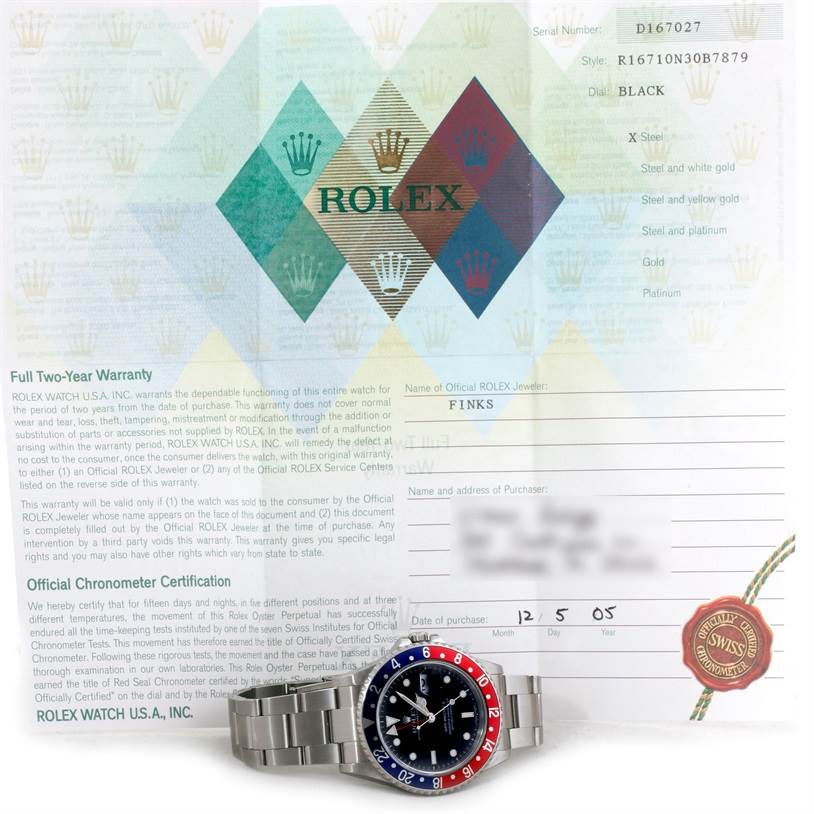 The image shows a Rolex GMT-Master 16710 Men's Stainless Steel Black Dial 16710 Men's Stainless Steel Black Dial watch along with its warranty and certification papers.