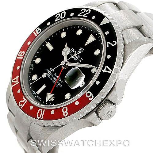 This image shows a Rolex GMT-Master 16710 Men's Stainless Steel Black Dial 16710 Men's Stainless Steel Black Dial watch at an angle highlighting the bezel, dial, crown, and part of the bracelet.