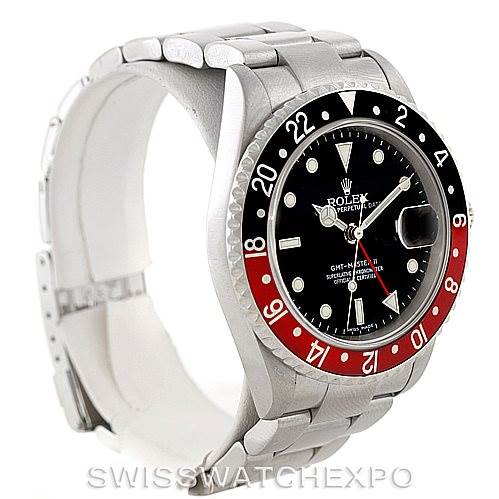 The image shows a side angle of a Rolex GMT-Master 16710 Men's Stainless Steel Black Dial 16710 Men's Stainless Steel Black Dial watch, highlighting the bezel, watch face, and part of the bracelet.