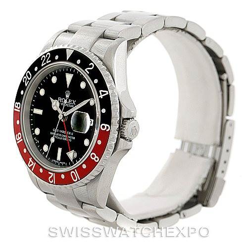This image shows a Rolex GMT-Master 16710 Men's Stainless Steel Black Dial 16710 Men's Stainless Steel Black Dial model watch at a 45-degree angle from the front, displaying the face, bezel, crown, and part of the bracelet.