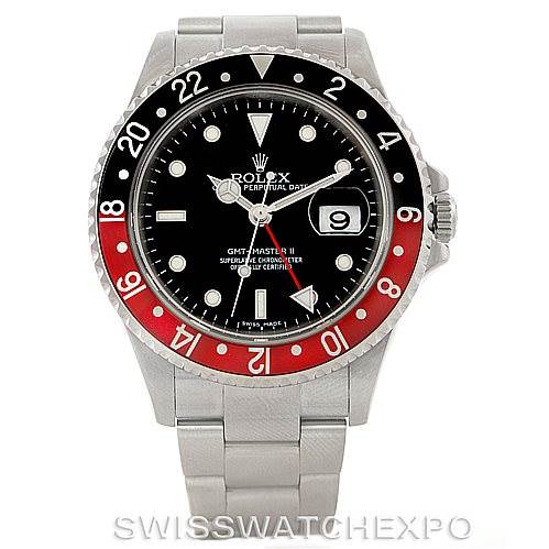 This image shows a frontal view of a Rolex GMT-Master 16710 Men's Stainless Steel Black Dial 16710 Men's Stainless Steel Black Dial watch, highlighting the bezel, dial, hands, date window, and bracelet.