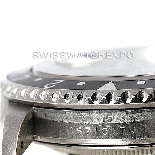 The image shows a close-up side angle of the bezel and case of a Rolex GMT-Master 16710 Men's Stainless Steel Black Dial 16710 Men's Stainless Steel Black Dial model 16710.