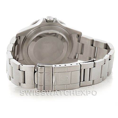 This image shows the back of a Rolex GMT-Master 16710 Men's Stainless Steel Black Dial 16710 Men's Stainless Steel Black Dial watch focusing on the closed clasp and bracelet from a rear angle.