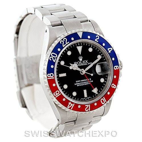 This image shows a front angled view of a Rolex GMT-Master 16710 Men's Stainless Steel Black Dial 16710 Men's Stainless Steel Black Dial II watch, highlighting its bezel, face, and bracelet.