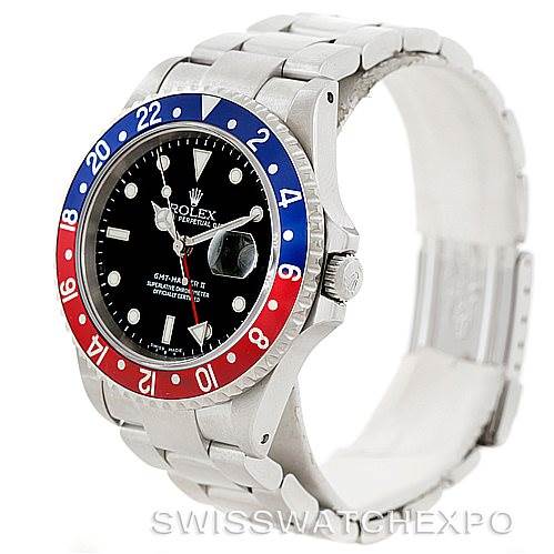 This image shows a side angle of the Rolex GMT-Master 16710 Men's Stainless Steel Black Dial 16710 Men's Stainless Steel Black Dial watch, highlighting its bezel, dial, crown, and bracelet.