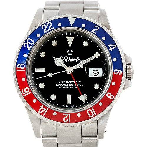 The Rolex GMT-Master 16710 Men's Stainless Steel Black Dial 16710 Men's Stainless Steel Black Dial II watch is shown from a front angle, displaying the bezel, dial, and bracelet.