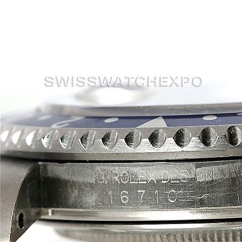 Close-up angle showing the bezel, part of the dial, and engraved case of the Rolex GMT-Master 16710 Men's Stainless Steel Black Dial 16710 Men's Stainless Steel Black Dial model 16710.