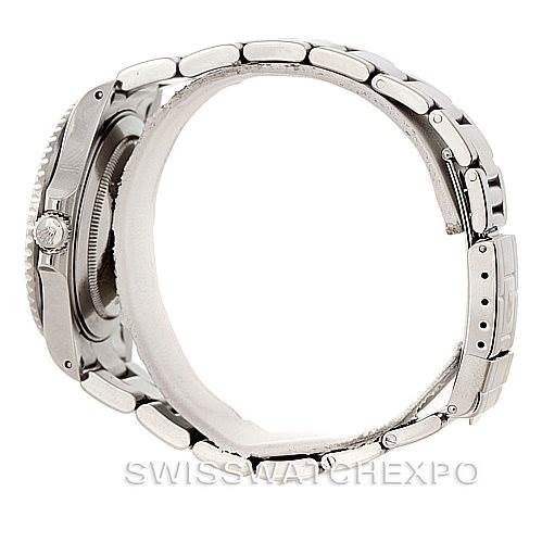 This is a side-view of a Rolex GMT-Master 16710 Men's Stainless Steel Black Dial 16710 Men's Stainless Steel Black Dial watch, showing the bracelet and part of the case.