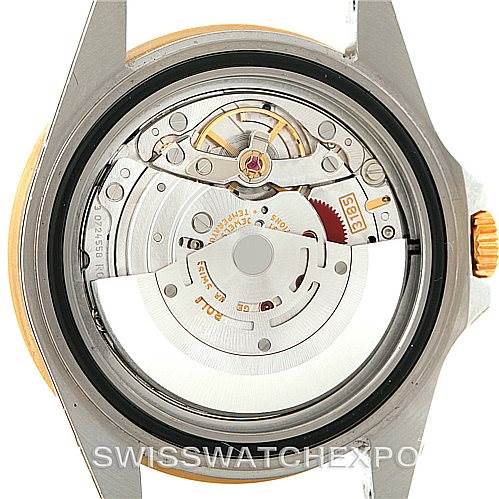 The image shows the movement and internal mechanics of a Rolex GMT-Master 16713 Men's Stainless Steel Grey Dial 16713 Men's Stainless Steel Grey Dial watch from a rear angle without the case back.