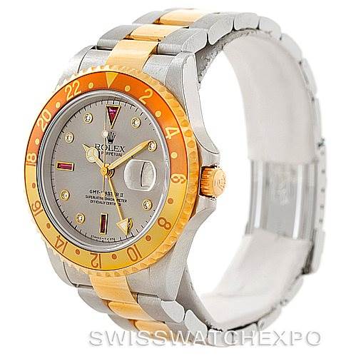 This image shows a side-angle view of a Rolex GMT-Master 16713 Men's Stainless Steel Grey Dial 16713 Men's Stainless Steel Grey Dial watch, displaying the bezel, dial, and bracelet.