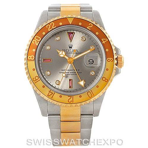 The image shows a Rolex GMT-Master 16713 Men's Stainless Steel Grey Dial 16713 Men's Stainless Steel Grey Dial watch from a front view, highlighting the dial, bezel, bracelet, and crown.