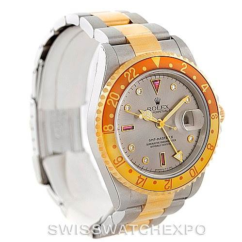 The image shows the front and side view of a Rolex GMT-Master 16713 Men's Stainless Steel Grey Dial 16713 Men's Stainless Steel Grey Dial watch, highlighting its dial, bezel, and part of the bracelet.