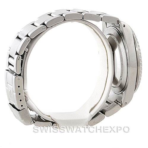 This image shows a side view of the Rolex GMT-Master 16710 Men
s Stainless Steel Black Dial 16710 Men
s Stainless Steel Black Dial, focusing on the stainless steel bracelet and the watch case.