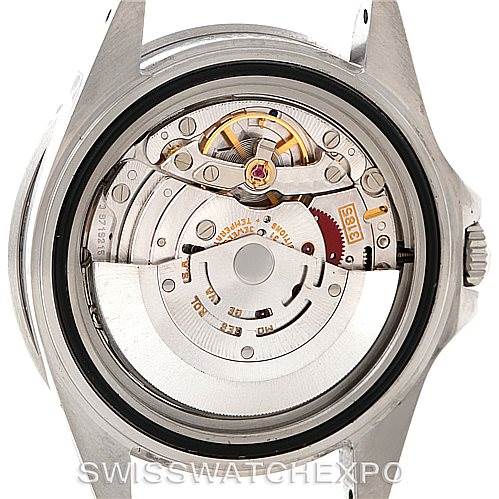 This image shows a close-up of the movement from the back of a Rolex GMT-Master 16710 Men
s Stainless Steel Black Dial 16710 Men
s Stainless Steel Black Dial watch, displaying its internal mechanisms.