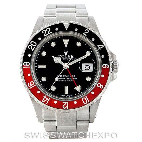 This image shows a front view of a Rolex GMT-Master 16710 Men
s Stainless Steel Black Dial 16710 Men
s Stainless Steel Black Dial II watch, displaying the dial, bezel, and bracelet.