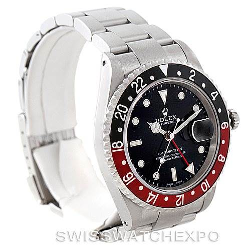 This image showcases a Rolex GMT-Master 16710 Men
s Stainless Steel Black Dial 16710 Men
s Stainless Steel Black Dial watch from a three-quarter angle, highlighting the bezel, dial, and bracelet.