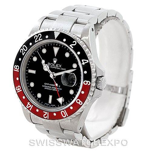 This image shows a front angle of a Rolex GMT-Master 16710 Men
s Stainless Steel Black Dial 16710 Men
s Stainless Steel Black Dial model, featuring its black and red bezel, black dial, and stainless steel bracelet.