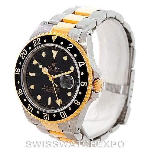 The image shows a Rolex GMT-Master 16713 Men's Stainless Steel Black Dial 16713 Men's Stainless Steel Black Dial watch at an angled view, featuring its bezel, dial, case, and bracelet.