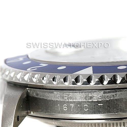 This image shows a close-up side view of the bezel and case, displaying the "GMT-Master" model by Rolex with model number 16710-T.