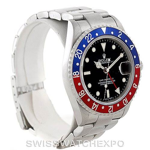 This image shows the front and side of a Rolex GMT-Master 16710 Men's Stainless Steel Black Dial 16710 Men's Stainless Steel Black Dial watch, highlighting the bezel, dial, case, and part of the bracelet.