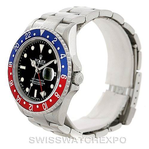 The image shows a side view of a Rolex GMT-Master 16710 Men's Stainless Steel Black Dial 16710 Men's Stainless Steel Black Dial watch, highlighting the bezel, bracelet, and clasp.