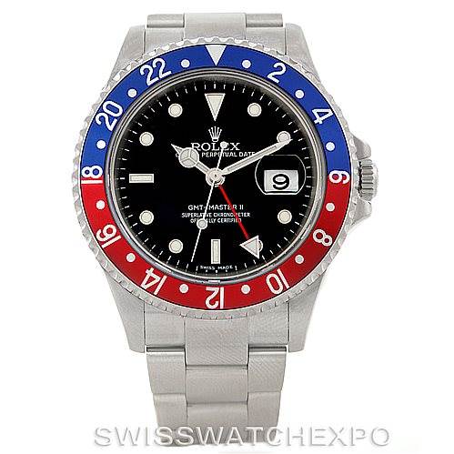 The image displays a front view of a Rolex GMT-Master 16710 Men's Stainless Steel Black Dial 16710 Men's Stainless Steel Black Dial watch, showcasing its bezel, dial, hour markers, hands, and bracelet.