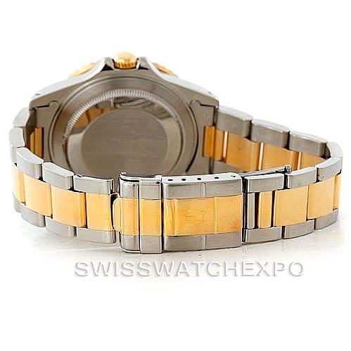 This image shows the back of a Rolex GMT-Master 16713 Men
s Stainless Steel Black Dial 16713 Men
s Stainless Steel Black Dial watch, focusing on its two-tone metal bracelet and clasp.