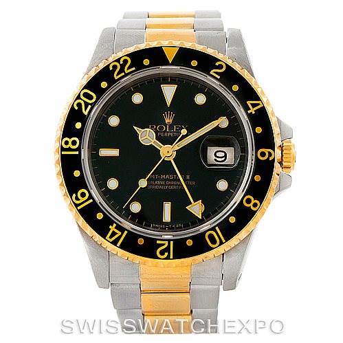 This image shows a front view of a Rolex GMT-Master 16713 Men's Stainless Steel Black Dial 16713 Men's Stainless Steel Black Dial watch, highlighting its black dial, date window, and black-and-gold bezel.