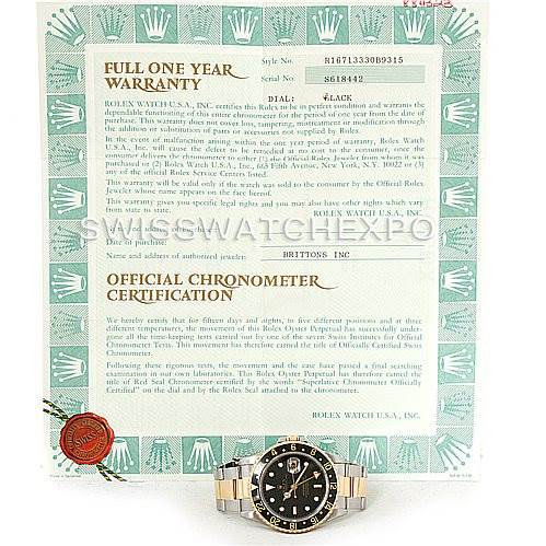 The image shows a Rolex GMT-Master 16713 Men's Stainless Steel Black Dial 16713 Men's Stainless Steel Black Dial watch facing front, placed below the warranty certificate and official chronometer certification.