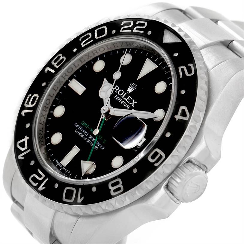 This image shows a close-up of the dial, bezel, and part of the bracelet of a Rolex GMT-Master 116710 Men's Stainless Steel Black Dial 116710 Men's Stainless Steel Black Dial watch from an angled perspective.