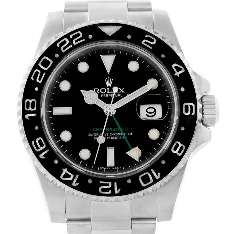 The image shows a front view of the Rolex GMT-Master 116710 Men's Stainless Steel Black Dial 116710 Men's Stainless Steel Black Dial II watch, highlighting the face, bezel, hands, and bracelet.