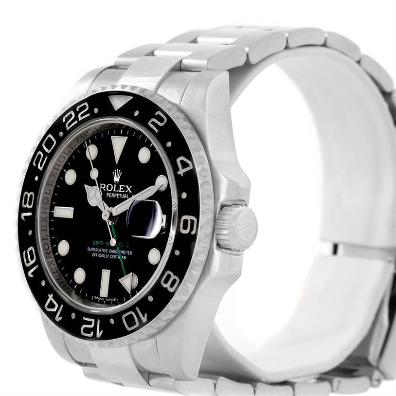 The image shows a front-side angle of the Rolex GMT-Master 116710 Men's Stainless Steel Black Dial 116710 Men's Stainless Steel Black Dial watch, highlighting the bezel, dial, and bracelet.