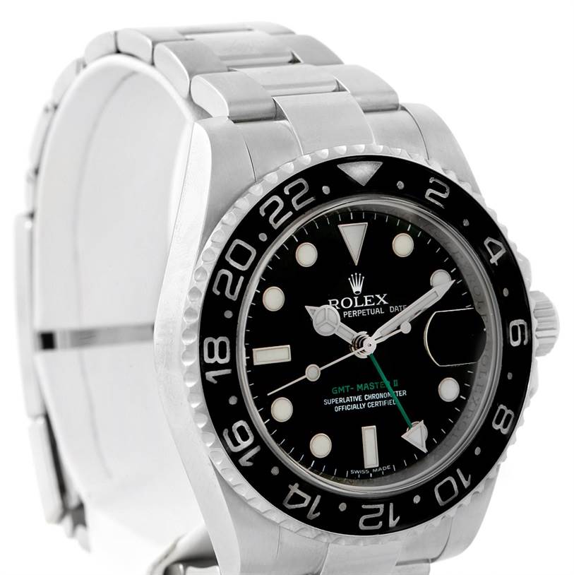 The image shows a side angle of the Rolex GMT-Master 116710 Men's Stainless Steel Black Dial 116710 Men's Stainless Steel Black Dial watch, highlighting the bezel, dial, and part of the bracelet.
