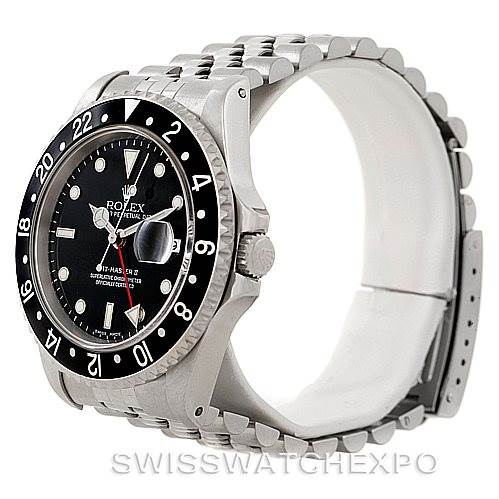 The image shows a side view of the Rolex GMT-Master 16710 Men's Stainless Steel Black Dial 16710 Men's Stainless Steel Black Dial watch, highlighting the bezel, crown, and part of the bracelet.