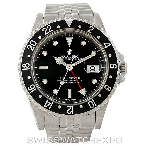 This is a front view of the Rolex GMT-Master 16710 Men's Stainless Steel Black Dial 16710 Men's Stainless Steel Black Dial II watch, highlighting the dial, bezel, bracelet, and crown.