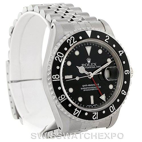 The image shows a front-side view of the Rolex GMT-Master 16710 Men's Stainless Steel Black Dial 16710 Men's Stainless Steel Black Dial II, displaying the bezel, dial, and part of the bracelet.