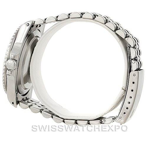 This image shows a side profile of the Rolex GMT-Master 16710 Men's Stainless Steel Black Dial 16710 Men's Stainless Steel Black Dial watch, highlighting its stainless steel case and linked bracelet.