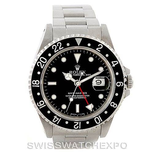 The image shows a front view of a Rolex GMT-Master 16700 Men's Stainless Steel Black Dial 16700 Men's Stainless Steel Black Dial watch, displaying its face, bezel, crown, and part of the bracelet.