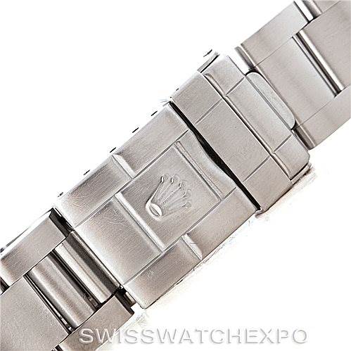 This image shows a close-up of the stainless steel bracelet clasp of a Rolex GMT-Master 16710 Men's Stainless Steel Black Dial 16710 Men's Stainless Steel Black Dial.