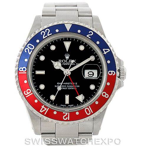 The image shows a Rolex GMT-Master 16710 Men's Stainless Steel Black Dial 16710 Men's Stainless Steel Black Dial II watch with a red and blue bezel, black dial, date window, and stainless steel band.
