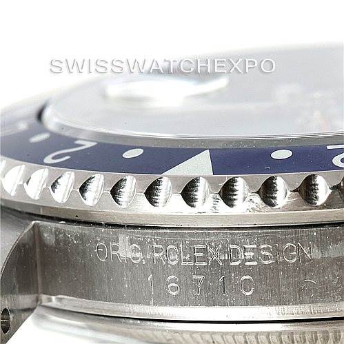 This close-up image shows the side profile of the bezel and casing of a Rolex GMT-Master 16710 Men's Stainless Steel Black Dial 16710 Men's Stainless Steel Black Dial model, displaying the "ORIG ROLEX DESIGN" inscription and model number 16710.