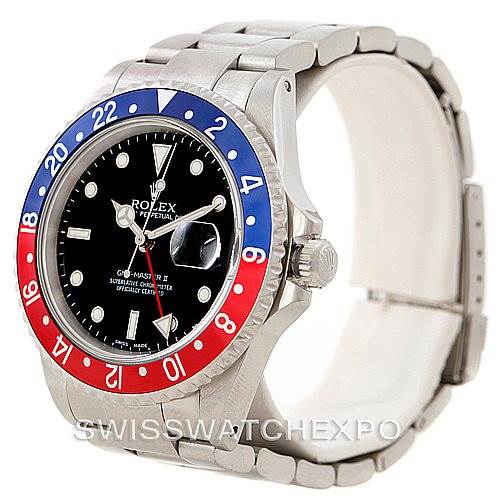This image shows a Rolex GMT-Master 16710 Men's Stainless Steel Black Dial 16710 Men's Stainless Steel Black Dial watch from an angled perspective, highlighting the bezel, dial, crown, and bracelet.