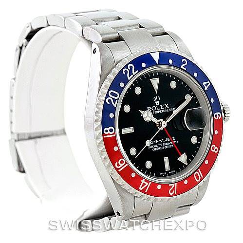 This image shows a Rolex GMT-Master 16710 Men's Stainless Steel Black Dial 16710 Men's Stainless Steel Black Dial watch at an angled view, highlighting the bezel, face, and part of the bracelet.